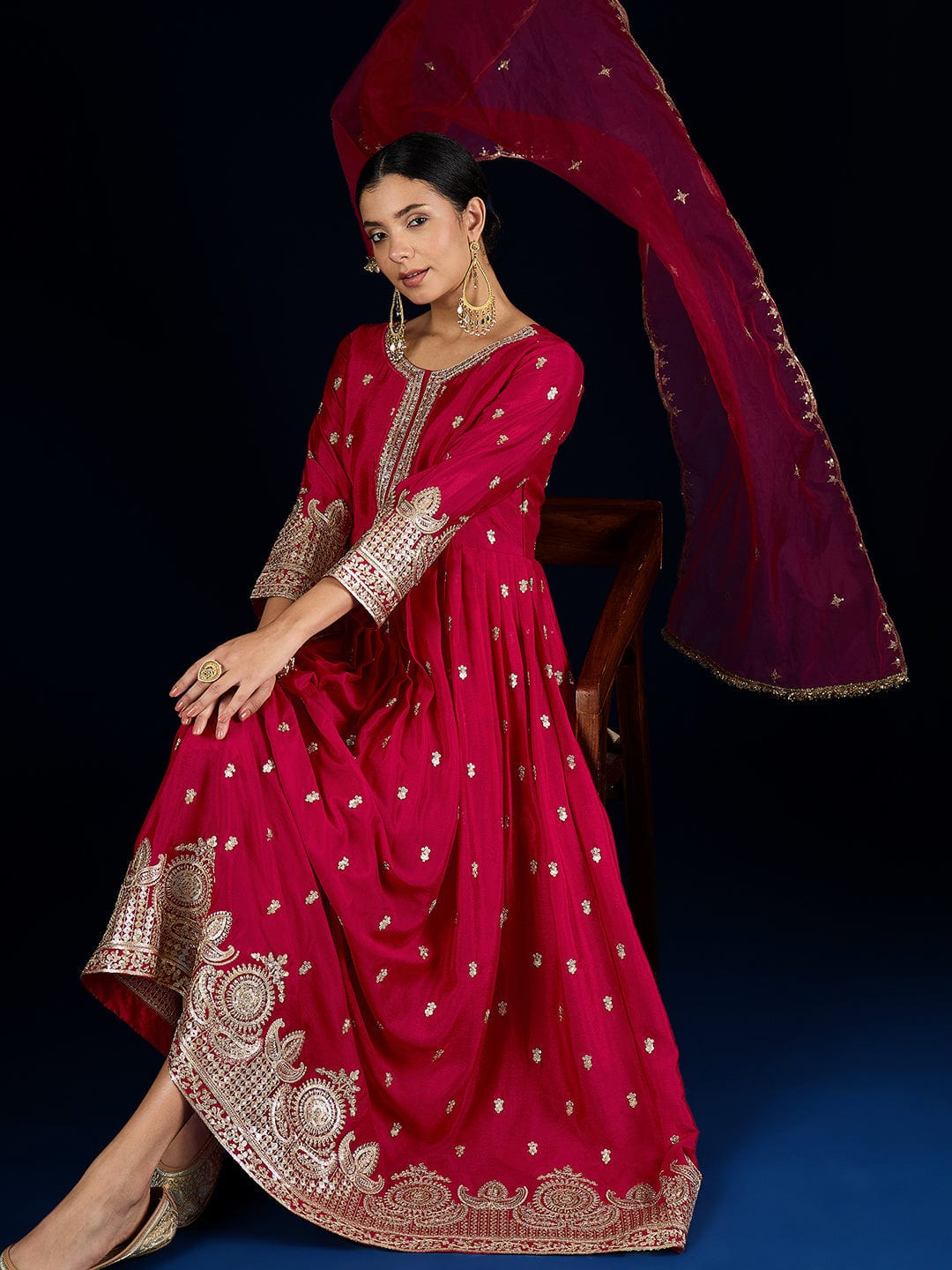 Varanga A Fuchsia Anarkali Set In Rich Vichitra Fabric With Zari Embroidery, Paired With An Embroidered Organza Dupatta.