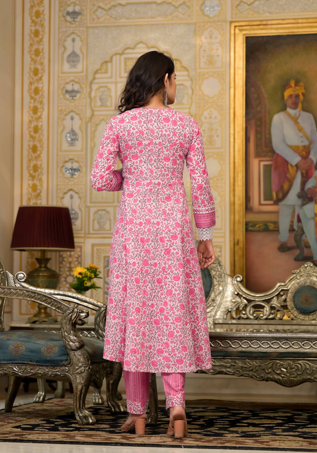 Varanga Women Pink & White Floral Printed Embroidered Anarkali Kurta Paired Wirh Printed Bottom And Dupatta