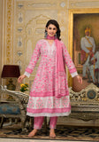 Varanga Women Pink & White Floral Printed Embroidered Anarkali Kurta Paired Wirh Printed Bottom And Dupatta