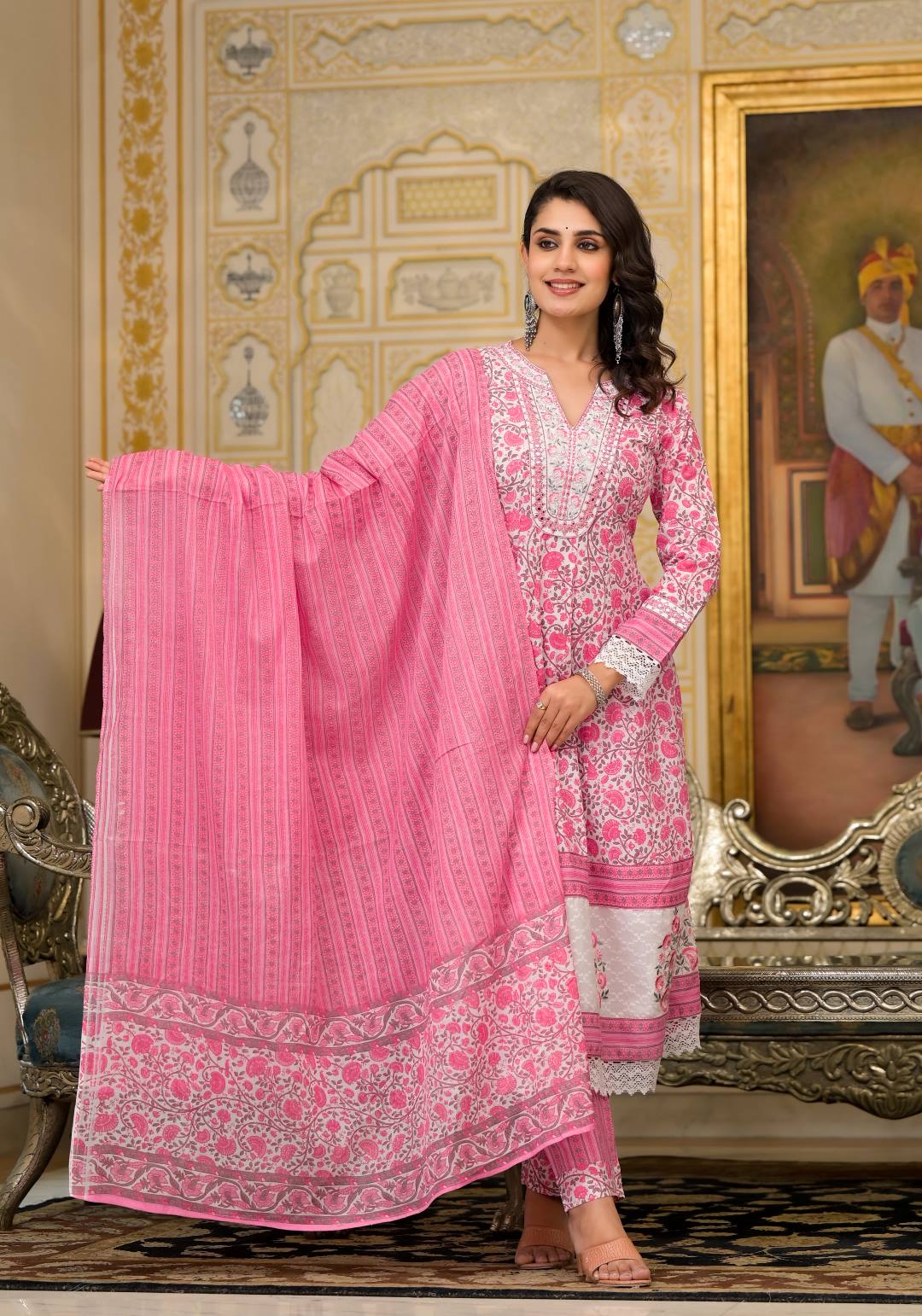 Varanga Women Pink & White Floral Printed Embroidered Anarkali Kurta Paired Wirh Printed Bottom And Dupatta