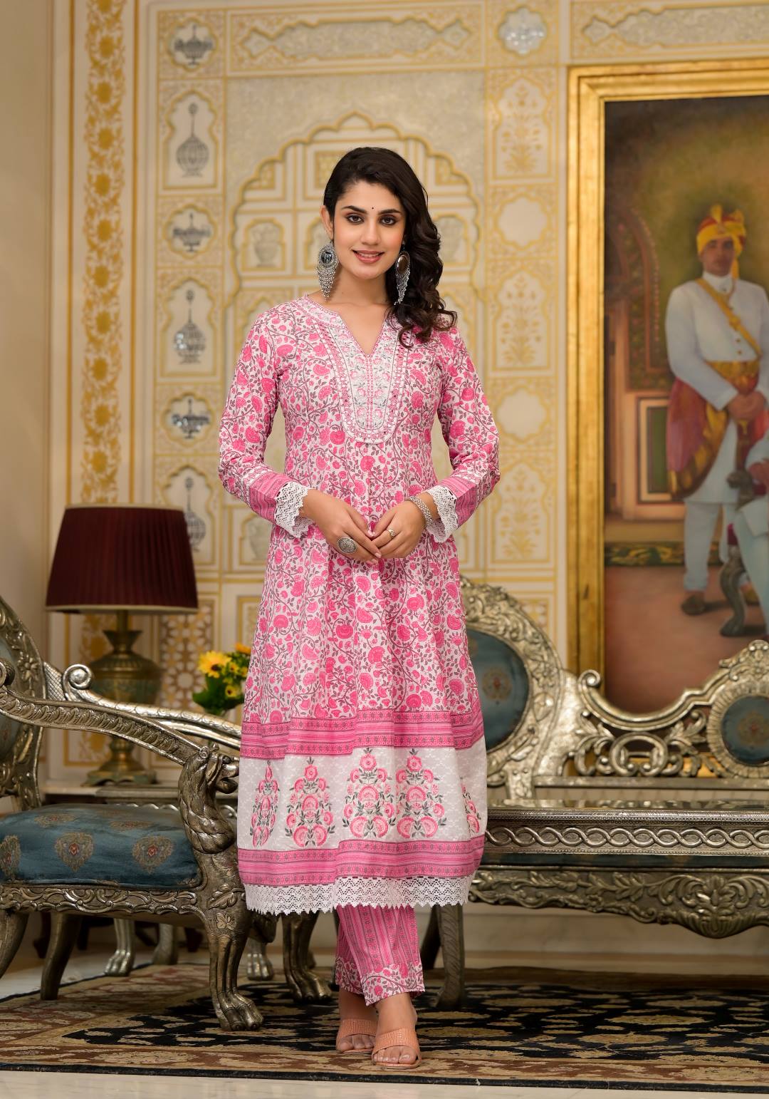 Varanga Women Pink & White Floral Printed Embroidered Anarkali Kurta Paired Wirh Printed Bottom And Dupatta