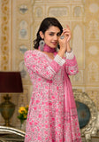 Varanga Women Pink & White Floral Printed Embroidered Anarkali Kurta Paired Wirh Printed Bottom And Dupatta