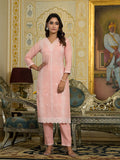 Varanga Women Peach V Neck Heavy Thread Embroidered Kurta With Bottom & Dupatta