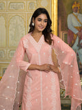 Varanga Women Peach V Neck Heavy Thread Embroidered Kurta With Bottom & Dupatta
