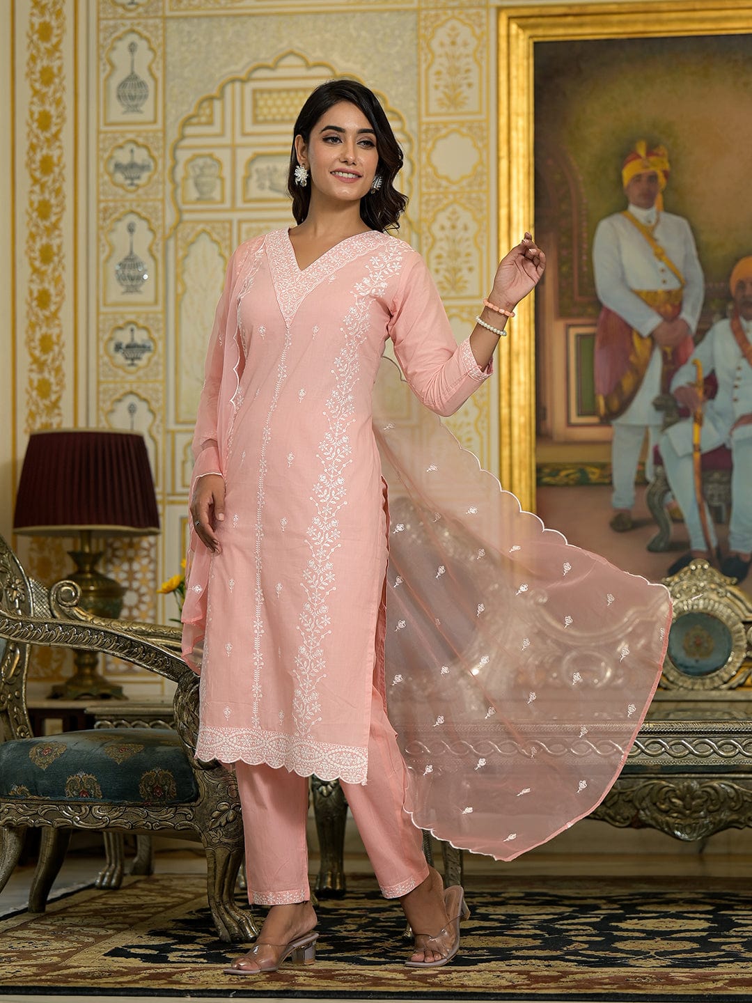 Varanga Women Peach V Neck Heavy Thread Embroidered Kurta With Bottom & Dupatta