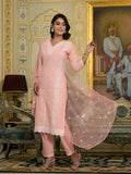 Varanga Women Peach V Neck Heavy Thread Embroidered Kurta With Bottom & Dupatta