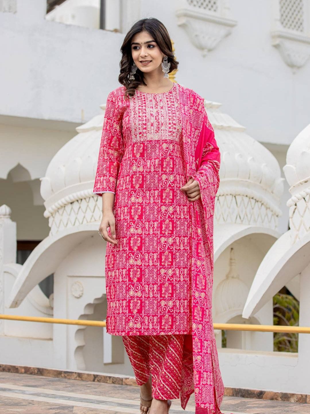 Varanga Women Pink Round Neck Embroidered Kurta Paired With Bottom And Printed Dupatta