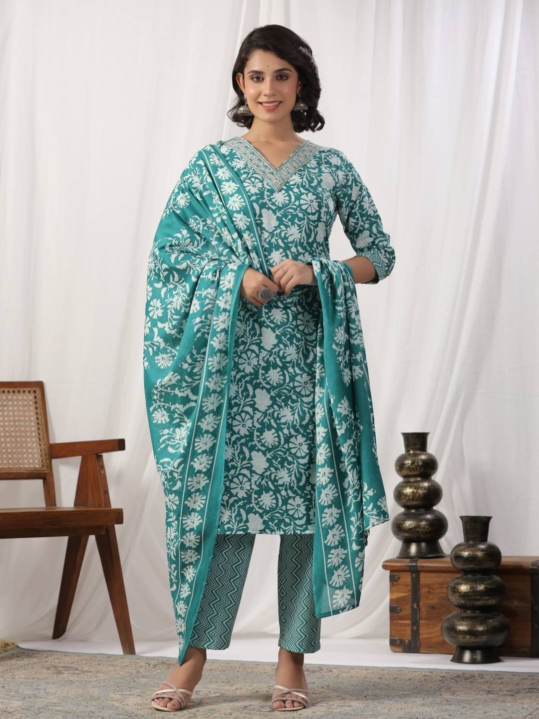 Varanga Women Teal Floral Printed Embroidered Kurta Paired With Chevron Printed Bottom And Dupatta