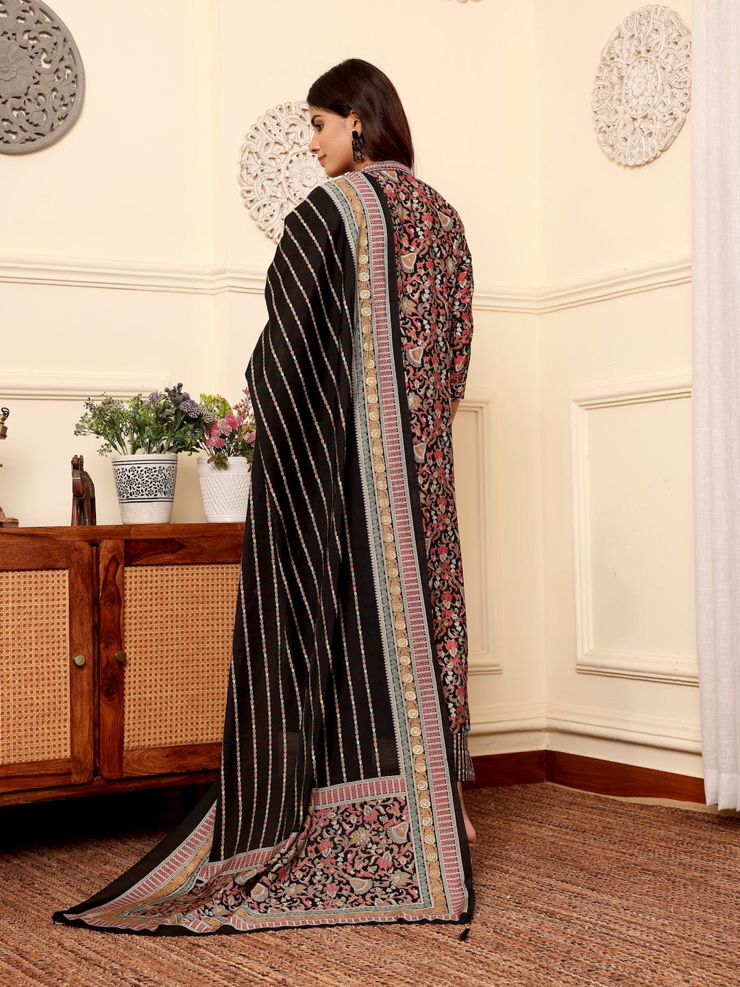 Varanga Women Black Floral Printed Yoke Embroidered Kurta Paired With Bottom And Dupatta
