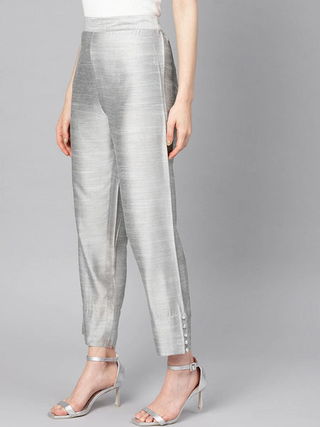 silk cigarette pants for ladies Grey Straight Fit Solid Silk Cropped Regular Trousers – Varanga