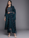 Varanga Women Teal Floral Embroidered Mirror Work Chanderi Silk Kurta with Trousers & With Dupatta