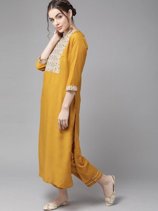 Varanga Mustard Kurta With Mutli Color Woven Yoke And Banarasi Dupatta