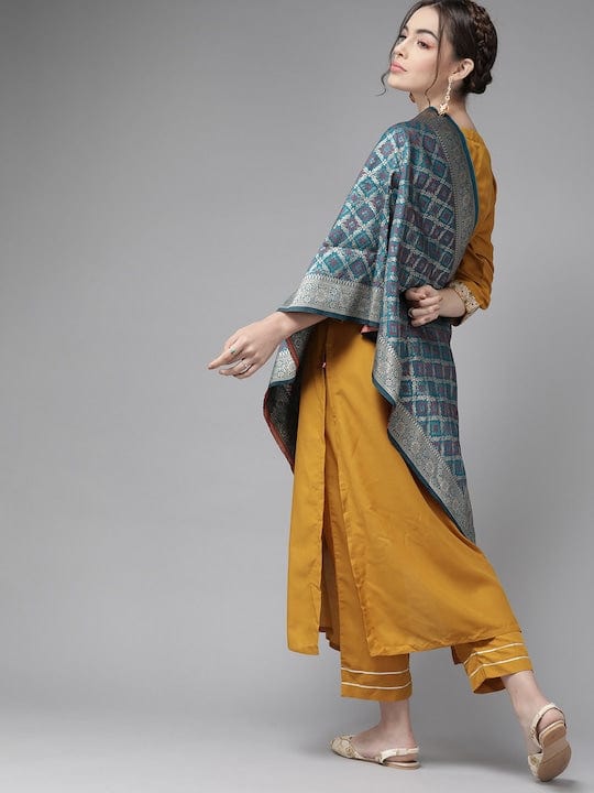 Varanga Mustard Kurta With Mutli Color Woven Yoke And Banarasi Dupatta