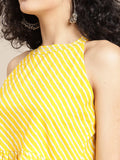 Varanga Yellow bandhej gota embellished kurta sharara set with tye and dye dupatta halter neckline