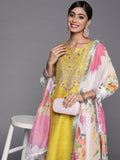 Varanga Yellow Embroidered Kurta With Tonal Bottam And Contrast Printed Dupatta