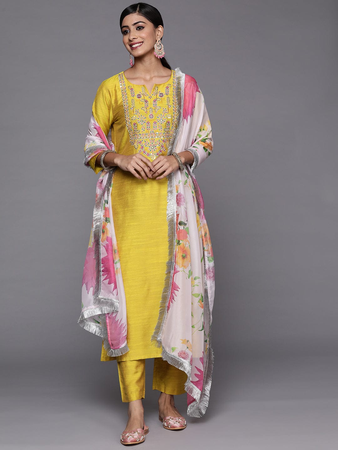 Varanga Yellow Embroidered Kurta With Tonal Bottam And Contrast Printed Dupatta