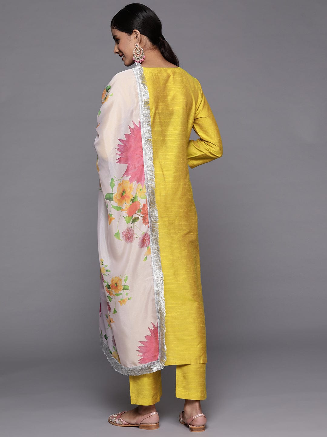 Varanga Yellow Embroidered Kurta With Tonal Bottam And Contrast Printed Dupatta