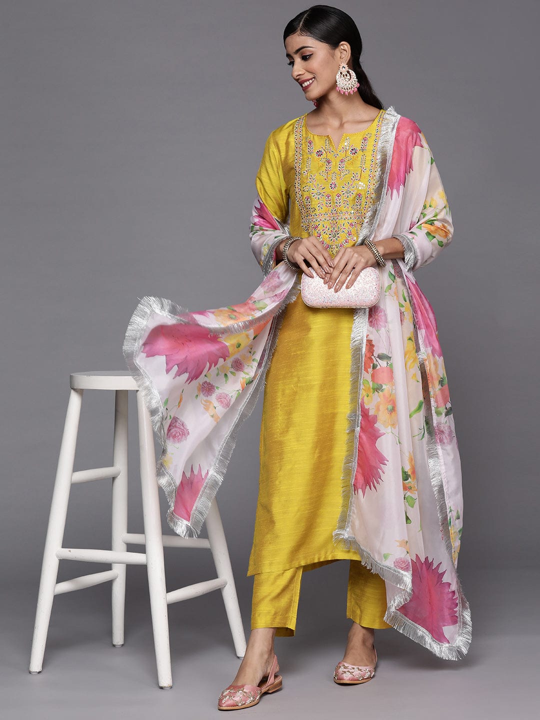 Varanga Yellow Embroidered Kurta With Tonal Bottam And Contrast Printed Dupatta