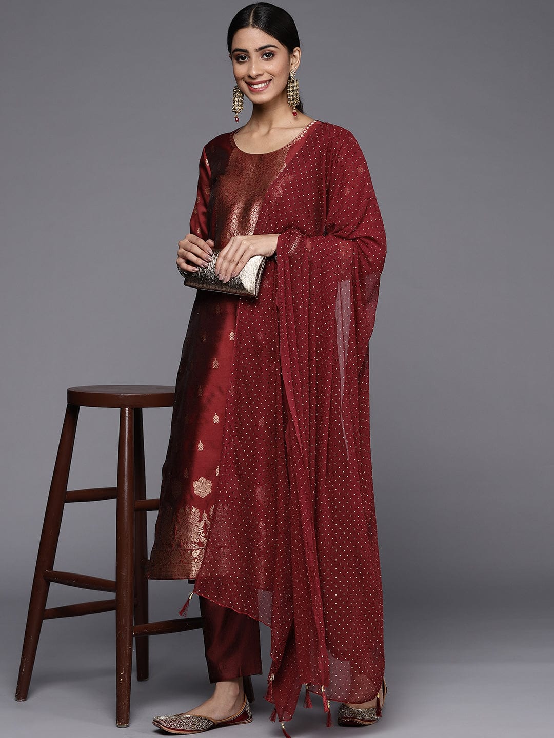 Varanga Women Maroon Ethnic Motifs Kurta with Trousers & Dupatta