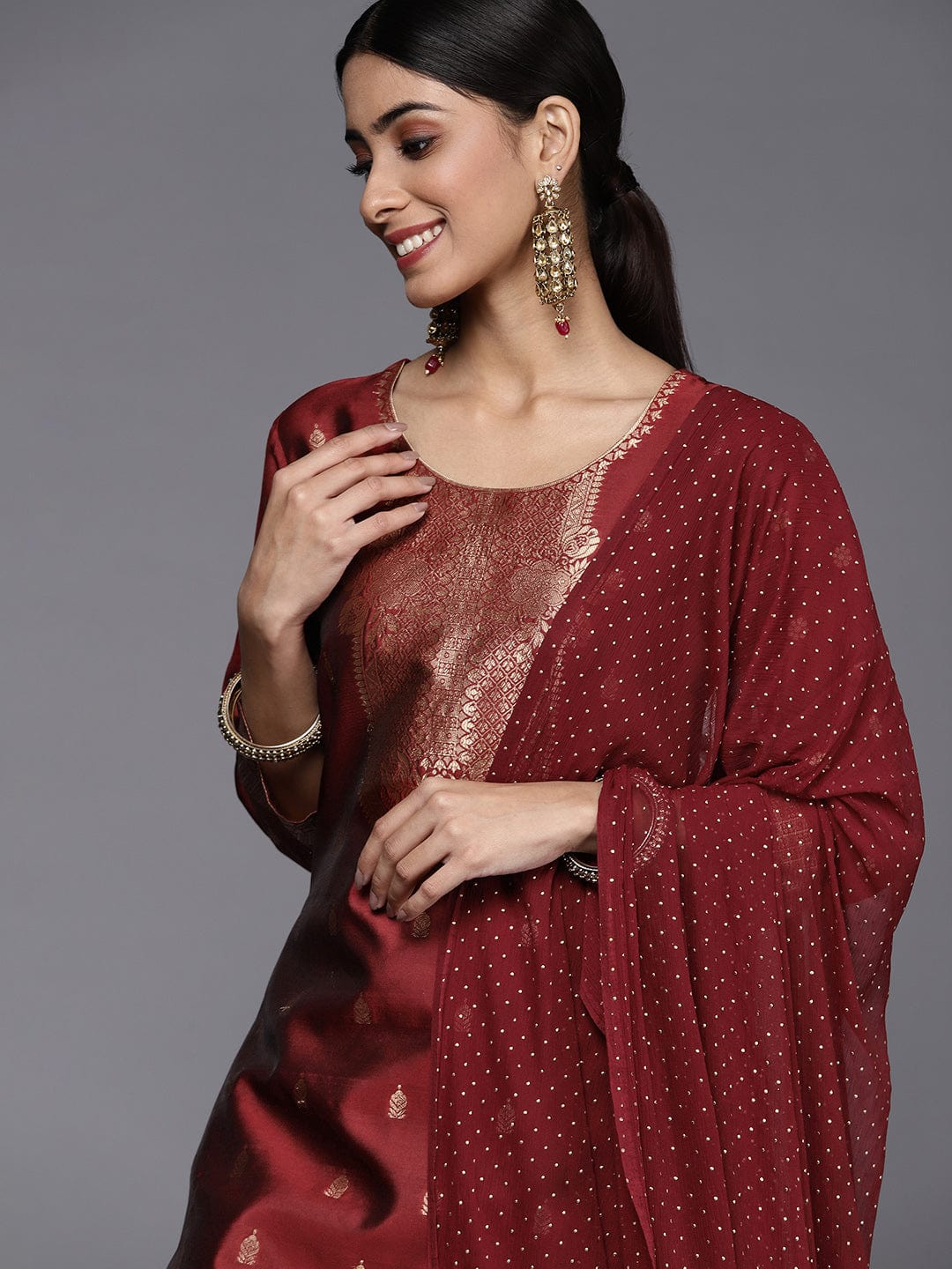 Varanga Women Maroon Ethnic Motifs Kurta with Trousers & Dupatta