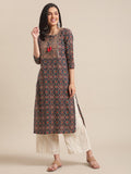 Blue And Maroon Abstract Printed Kurta With Gota Work On Yoke And 3/4Th Sleeves