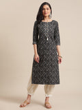 Black And Beige Abstract Printed Kurta With Gota Embellishment On Yoke