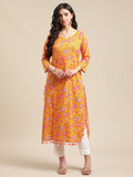 Mustard Floral Printed Kurta With Pom Pom Lace Embellishments On Hemlines