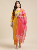 Mustard Heavy Yoke Embroidery Kurta Set With Pink Sheer Dupatta