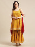 Varanga Women Mustard And Maroon Floral Printed Flared Strap Kurta With Sharara And Dupatta