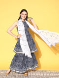 Blue And White Leheriya Halter Neckline Gota Work Kurta With Sharara And Sequins Emebllished Dupatta