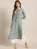 Sea Green Printed Keyhole Neck Kurta