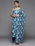 Varanga Women Blue Floral Printed Strap Style Straight Kurta Paired With Tonal Bottom And Dupatta