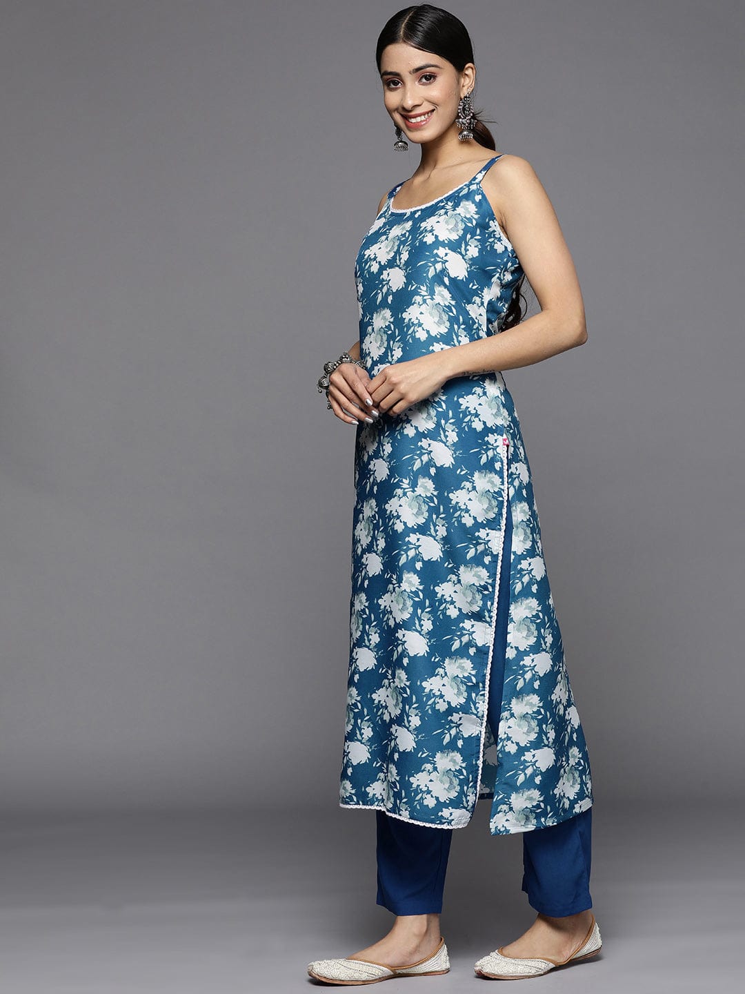 Varanga Women Blue Floral Printed Strap Style Straight Kurta Paired With Tonal Bottom And Dupatta