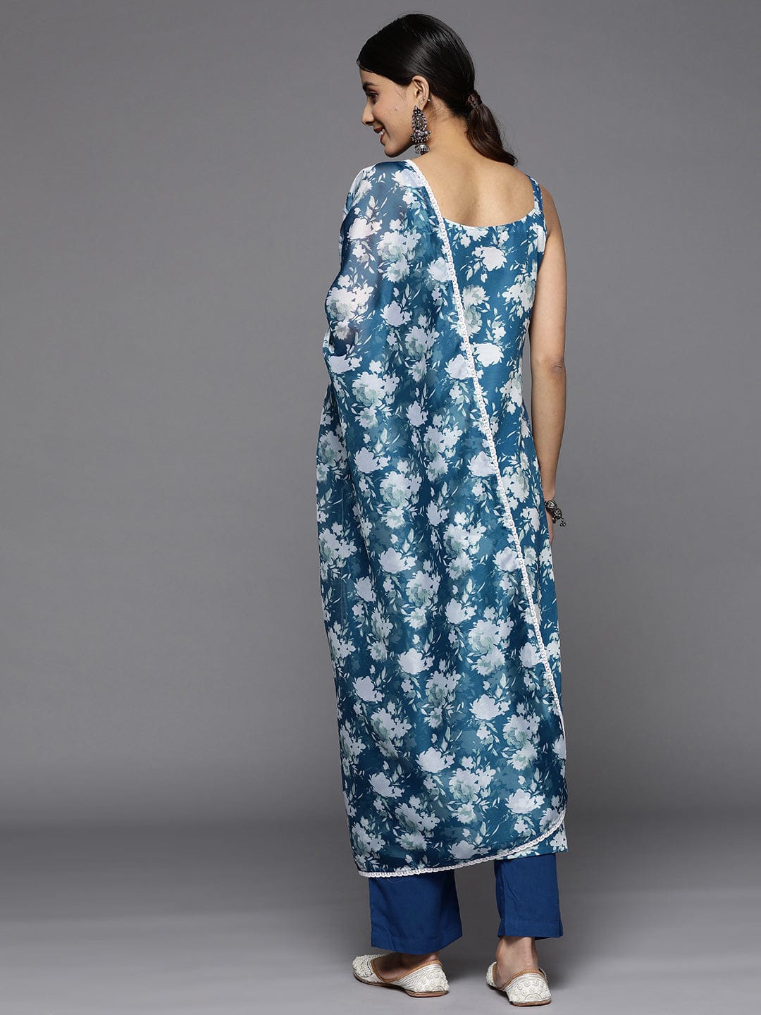 Varanga Women Blue Floral Printed Strap Style Straight Kurta Paired With Tonal Bottom And Dupatta