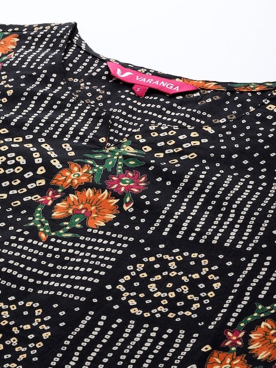 Varanga Women Black Bhandhani & Floral Printed Straight Kurta With Round Neck