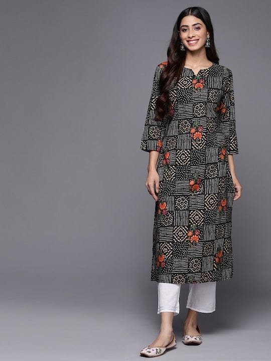 Varanga Women Black Bhandhani & Floral Printed Straight Kurta With Round Neck