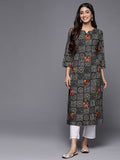 Varanga Women Black Bhandhani & Floral Printed Straight Kurta With Round Neck