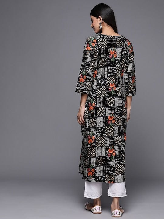 Varanga Women Black Bhandhani & Floral Printed Straight Kurta With Round Neck
