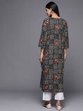 Varanga Women Black Bhandhani & Floral Printed Straight Kurta With Round Neck