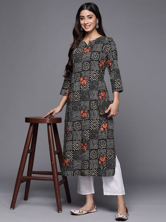Varanga Women Black Bhandhani & Floral Printed Straight Kurta With Round Neck