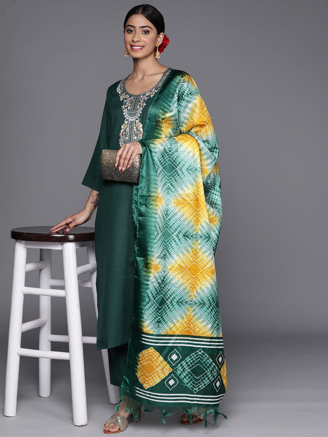 Varanga Floral Zari Embroidered Kurta With Trousers & Dupatta