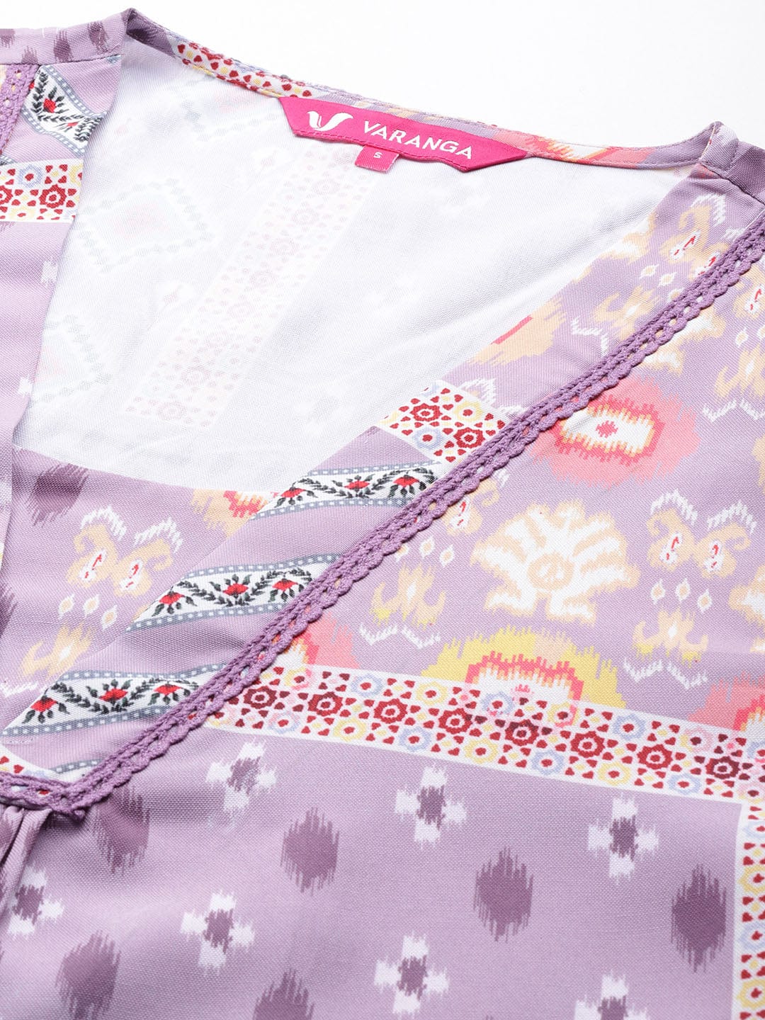 Varanga Women Lavender Abstract Printed V-Neck A-Line Kurta Paired With Tonal Bottom