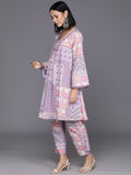 Varanga Women Lavender Abstract Printed V-Neck A-Line Kurta Paired With Tonal Bottom