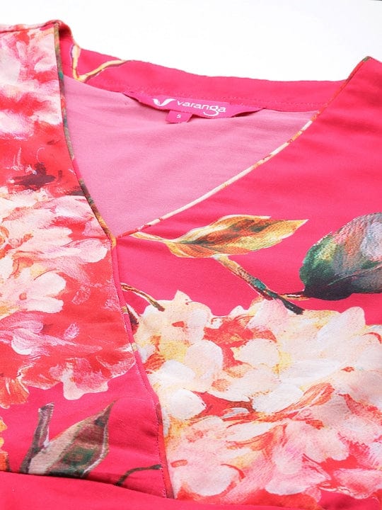 Varanga Women Pink Floral Printed Angrakha Style Anarkali Kurta Paired With Dupatta