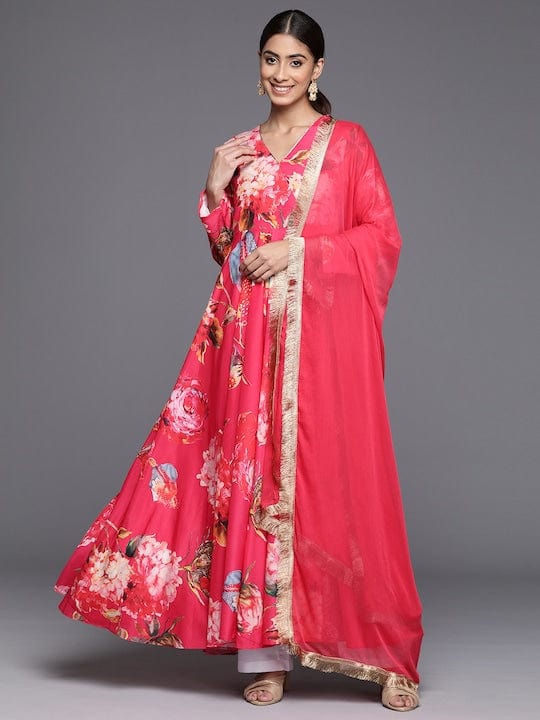 Varanga Women Pink Floral Printed Angrakha Style Anarkali Kurta Paired With Dupatta