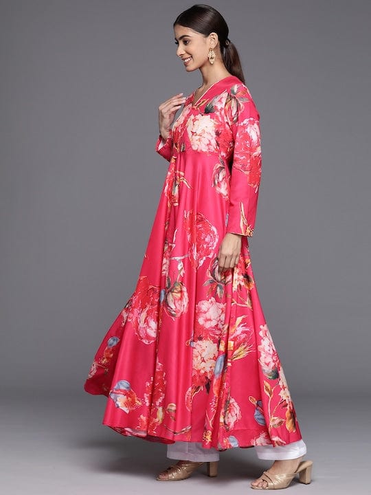 Varanga Women Pink Floral Printed Angrakha Style Anarkali Kurta Paired With Dupatta