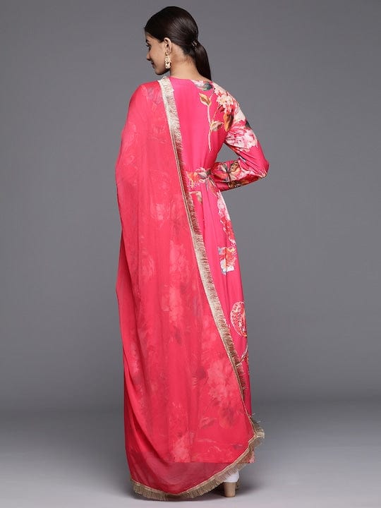 Varanga Women Pink Floral Printed Angrakha Style Anarkali Kurta Paired With Dupatta