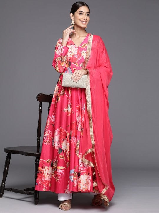 Varanga Women Pink Floral Printed Angrakha Style Anarkali Kurta Paired With Dupatta
