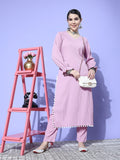 Mauve Straight Kurta With Pom Pom Hem Paired With Tonal Bottom
