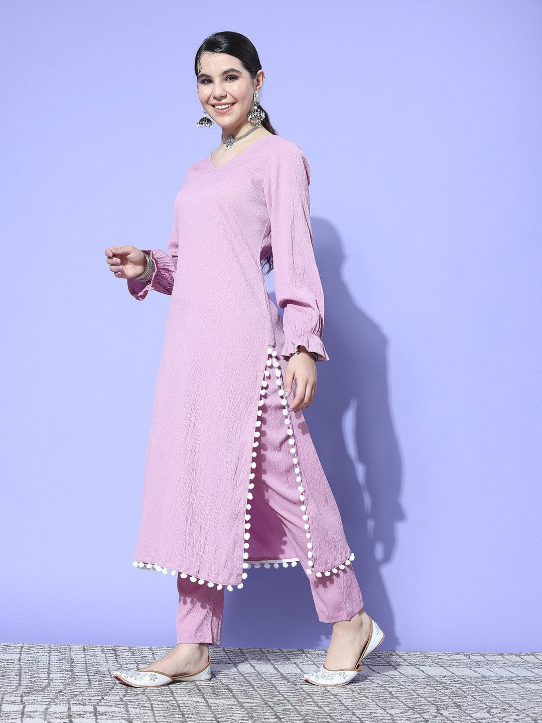 Mauve Straight Kurta With Pom Pom Hem Paired With Tonal Bottom